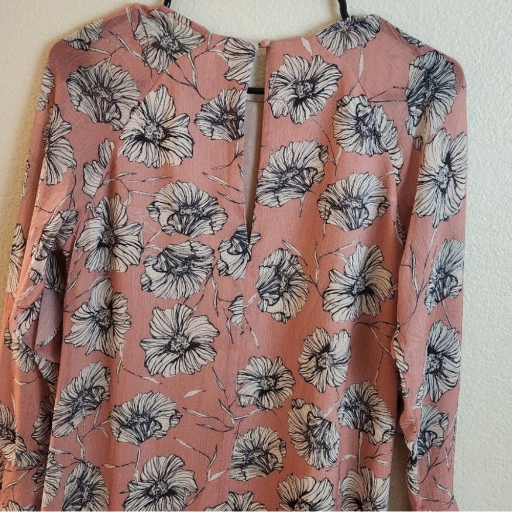 HD in Paris Anthropologie Floral Ruffle Bell Sleeves Pink Crepe Shift Dress - Picture 8 of 9